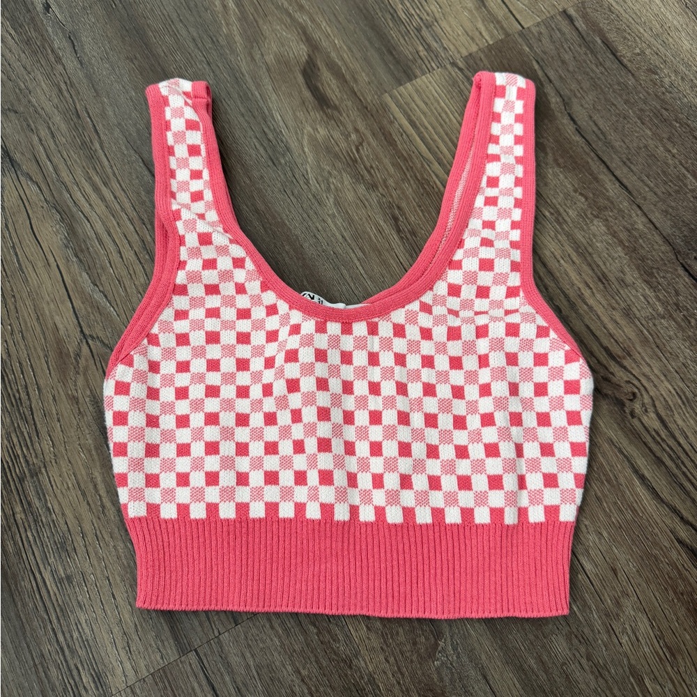 Zara Pink/White Checkered Knit Crop Top